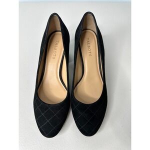 Talbots Isa Quilted Suede Pumps Size 8M Black Gold Accent Block Heel